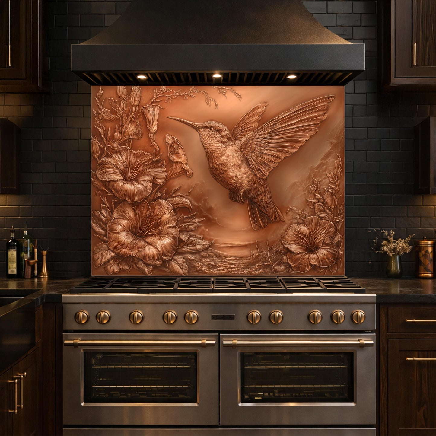 Hummingbird and Morning Glory Backsplash, Copper Look Floral Bird Wall Panel, Custom Size