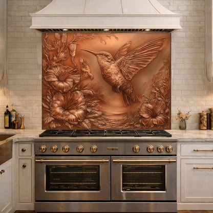Hummingbird and Morning Glory Backsplash, Copper Look Floral Bird Wall Panel, Custom Size