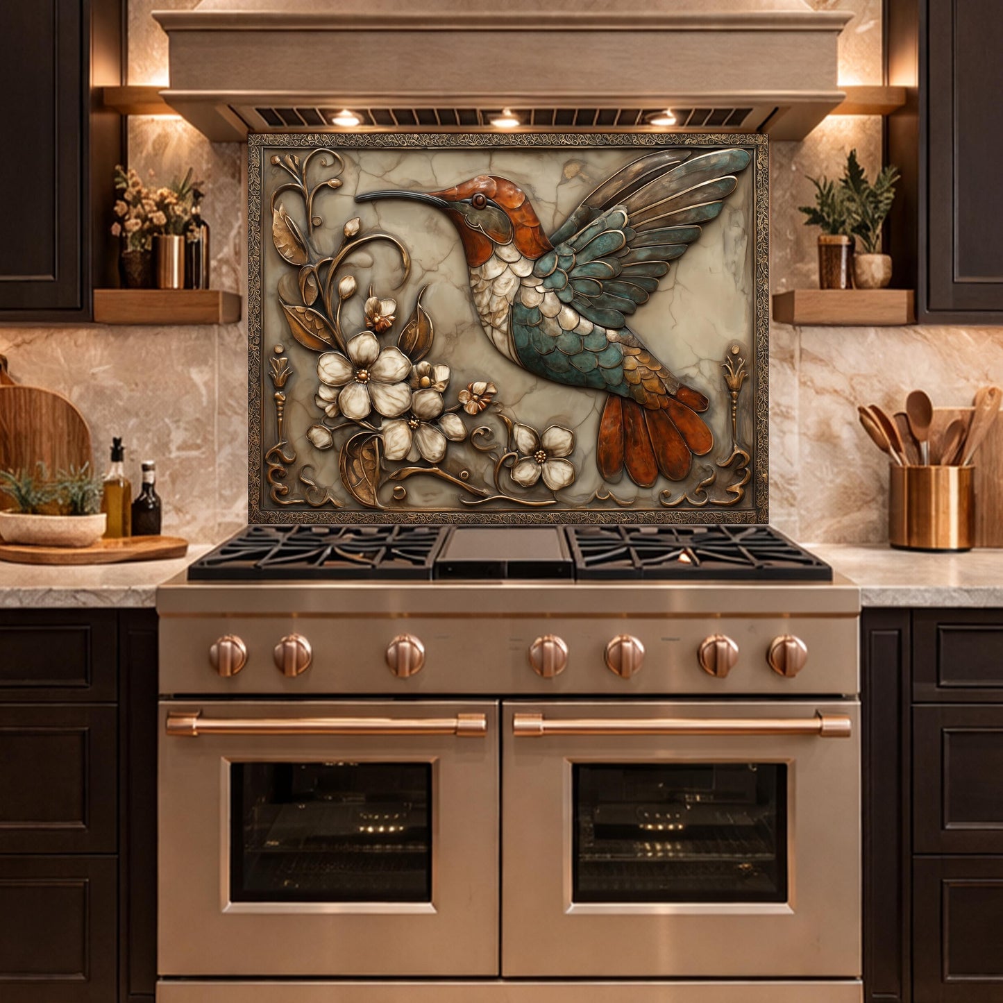 Colorful Hummingbird Tempered Glass Backsplash, Copper Look Floral Bird Wall Panel, Custom Size