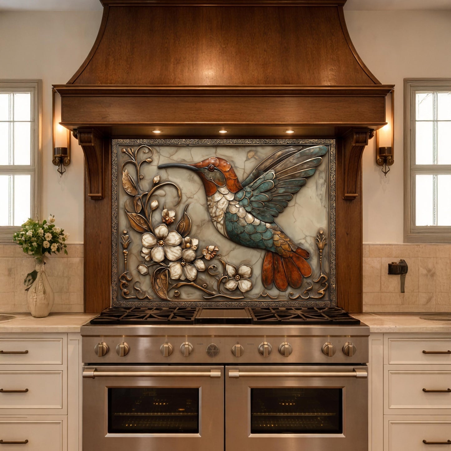 Colorful Hummingbird Tempered Glass Backsplash, Copper Look Floral Bird Wall Panel, Custom Size