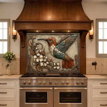 Colorful Hummingbird Tempered Glass Backsplash, Copper Look Floral Bird Wall Panel, Custom Size