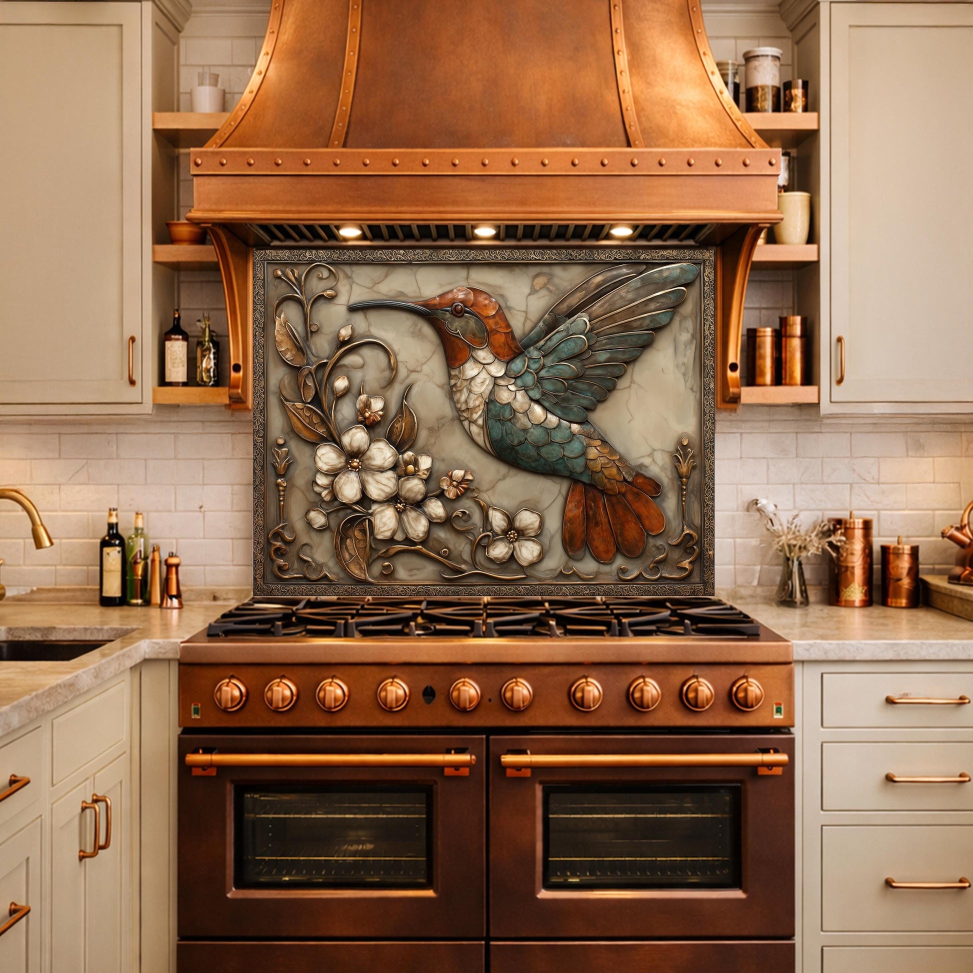 Colorful Hummingbird Tempered Glass Backsplash, Copper Look Floral Bird Wall Panel, Custom Size
