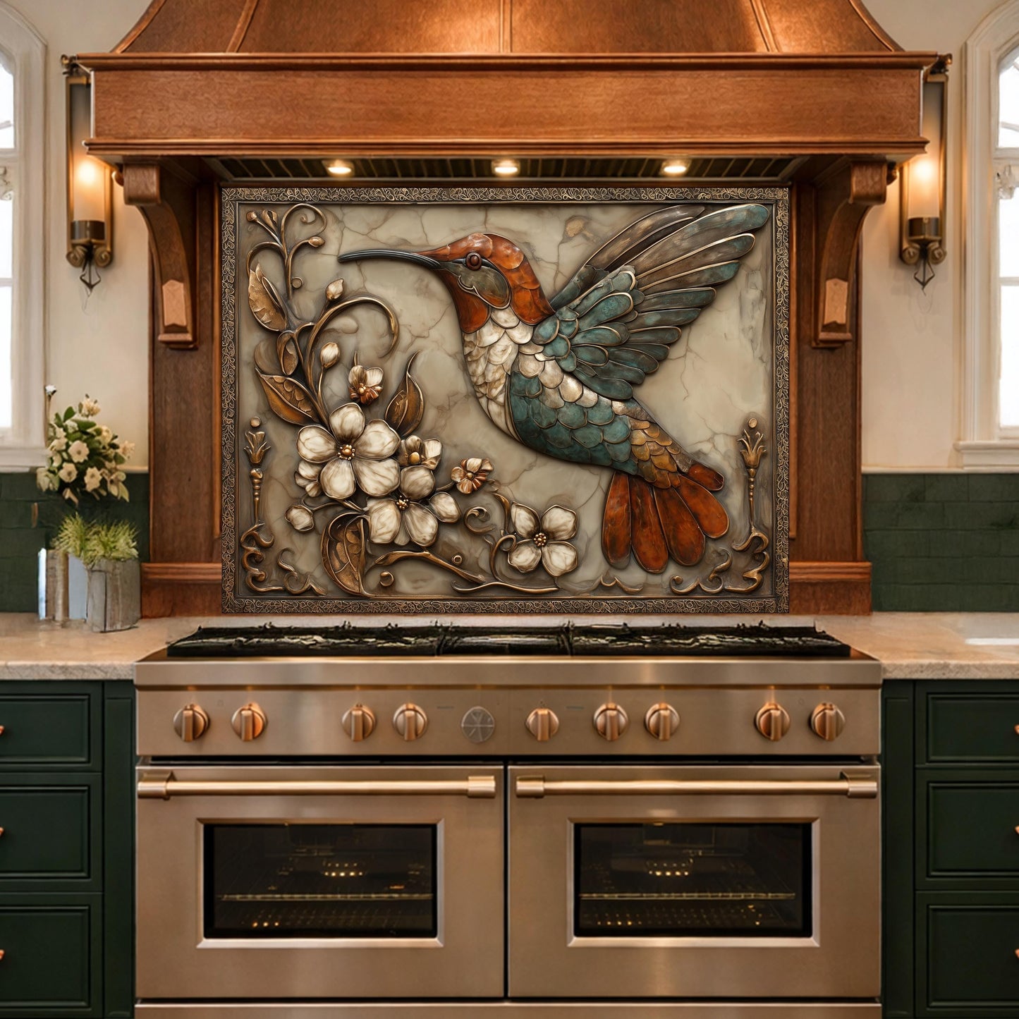Colorful Hummingbird Tempered Glass Backsplash, Copper Look Floral Bird Wall Panel, Custom Size