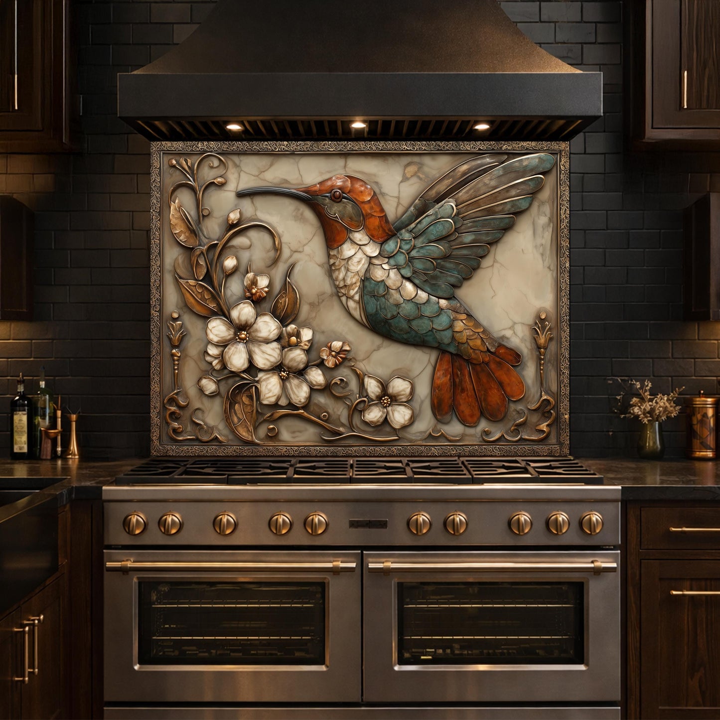 Colorful Hummingbird Tempered Glass Backsplash, Copper Look Floral Bird Wall Panel, Custom Size