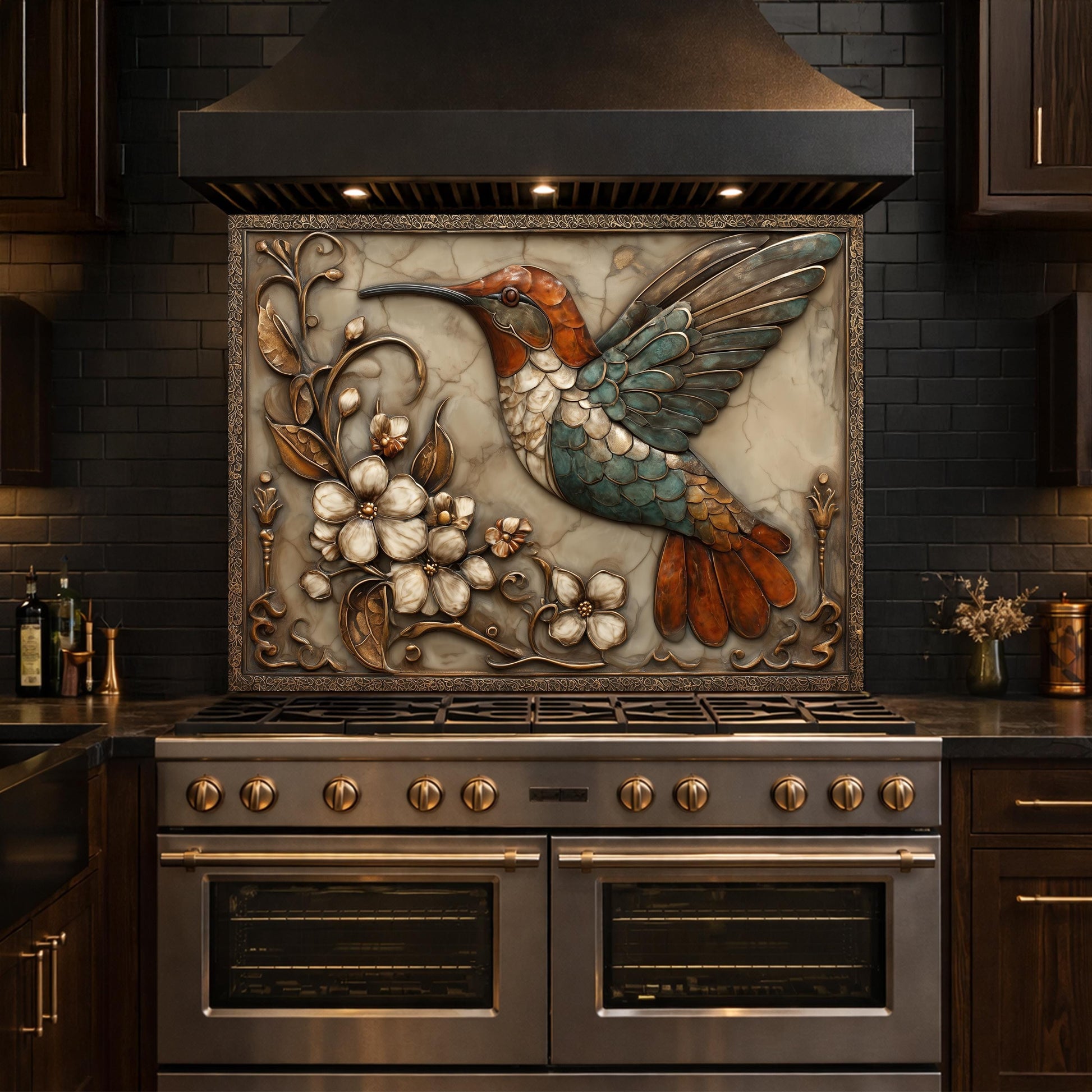 Colorful Hummingbird Tempered Glass Backsplash, Copper Look Floral Bird Wall Panel, Custom Size