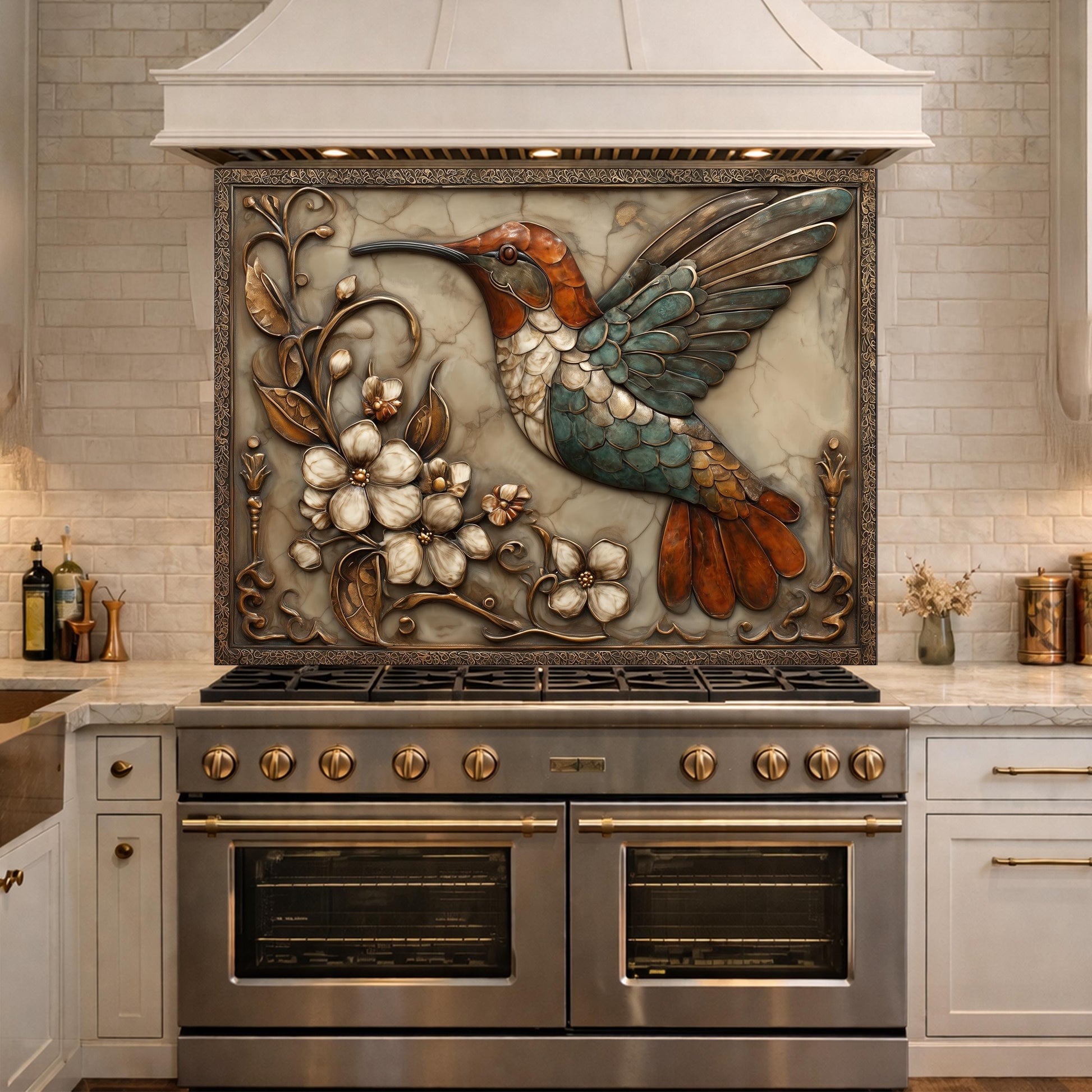 Colorful Hummingbird Tempered Glass Backsplash, Copper Look Floral Bird Wall Panel, Custom Size