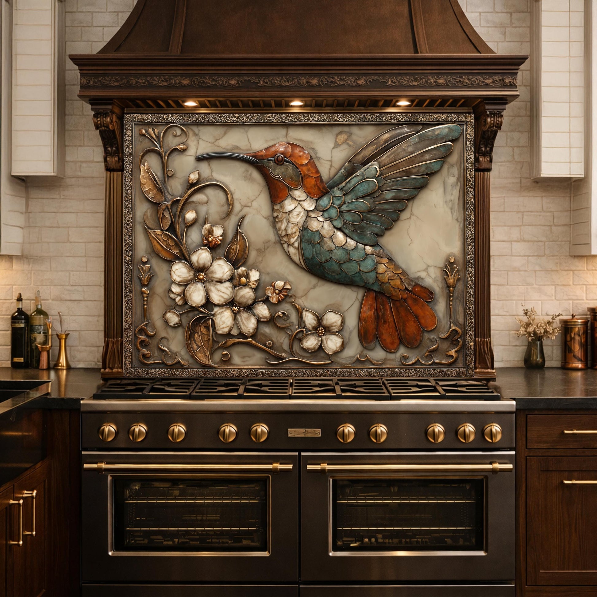 Colorful Hummingbird Tempered Glass Backsplash, Copper Look Floral Bird Wall Panel, Custom Size