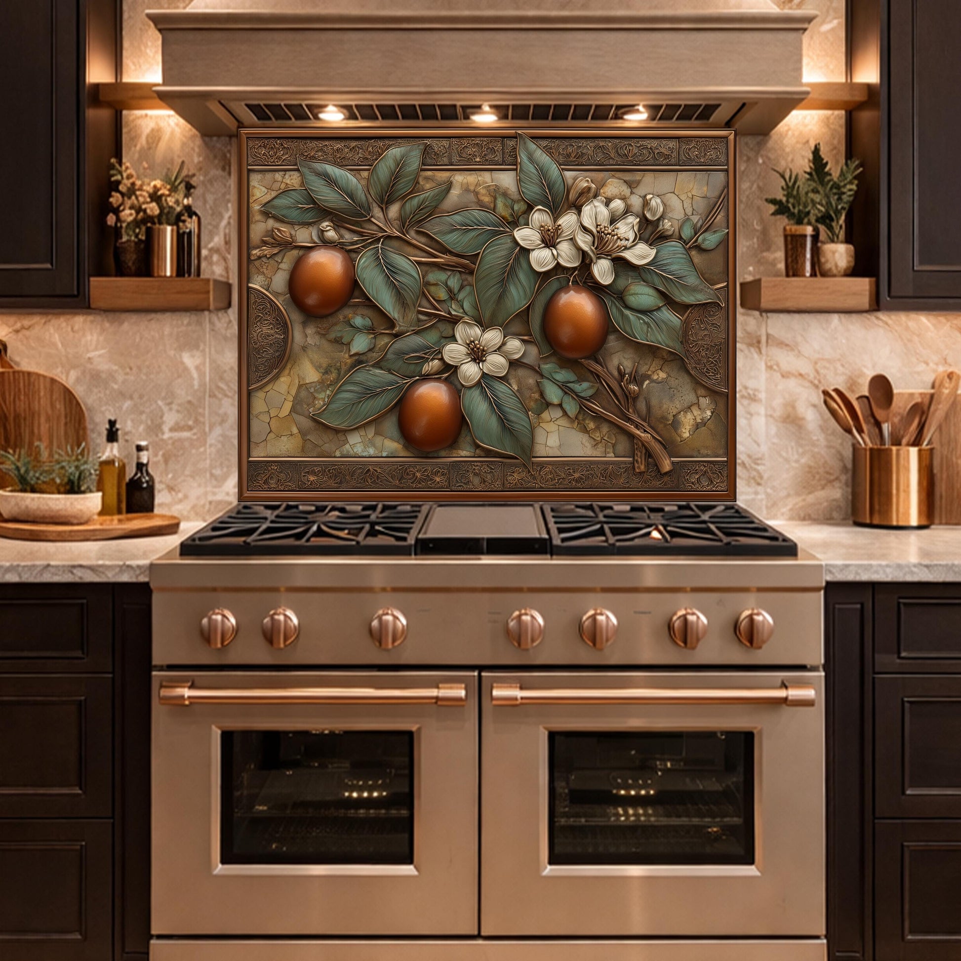 Botanical Lemon Tempered Glass Backsplash, Copper Look Citrus Fruit Wall Panel, Custom Size