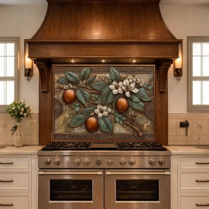 Botanical Lemon Tempered Glass Backsplash, Copper Look Citrus Fruit Wall Panel, Custom Size