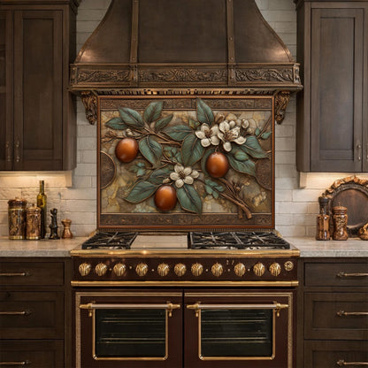 Botanical Lemon Tempered Glass Backsplash, Copper Look Citrus Fruit Wall Panel, Custom Size
