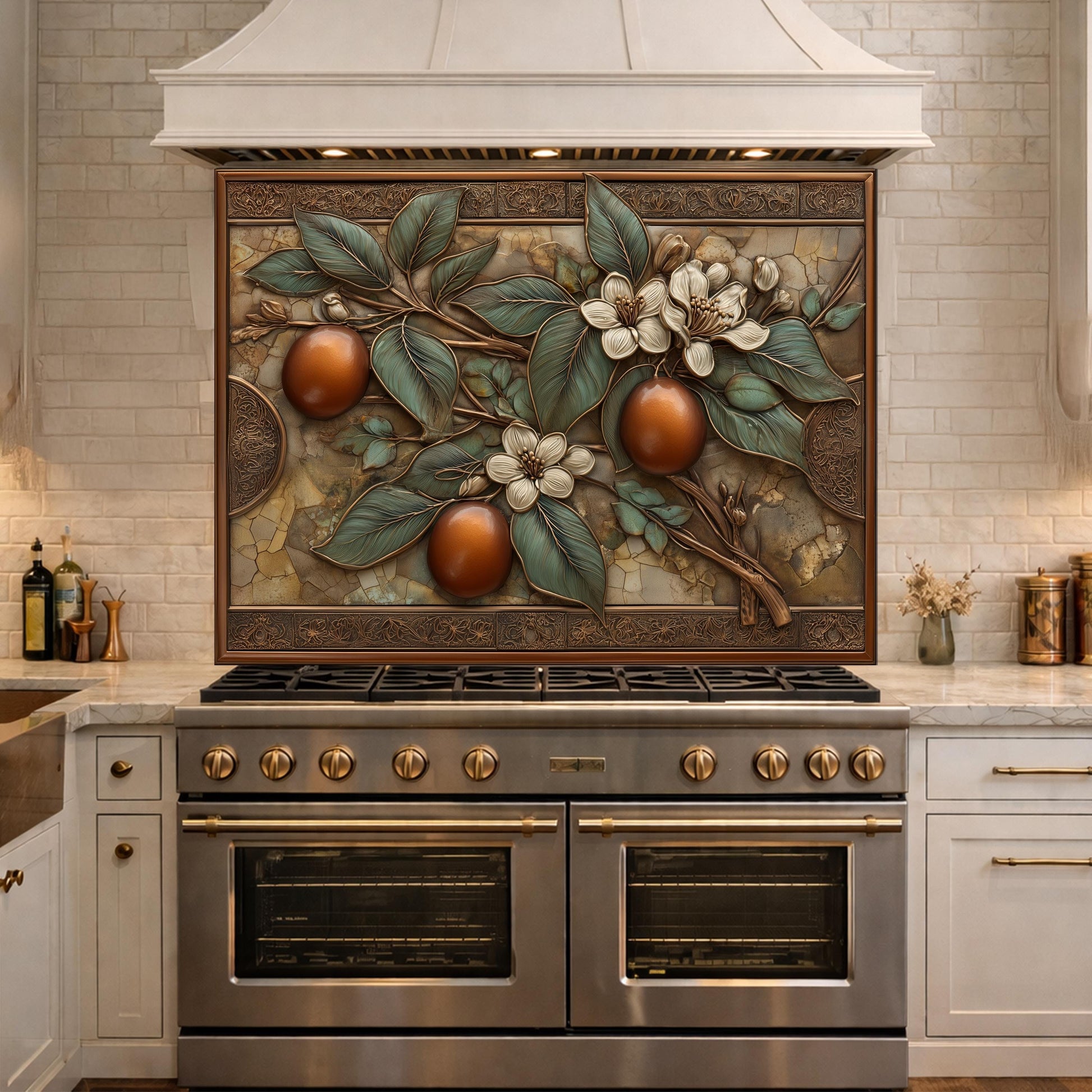 Botanical Lemon Tempered Glass Backsplash, Copper Look Citrus Fruit Wall Panel, Custom Size