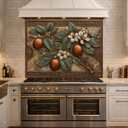 Botanical Lemon Tempered Glass Backsplash, Copper Look Citrus Fruit Wall Panel, Custom Size