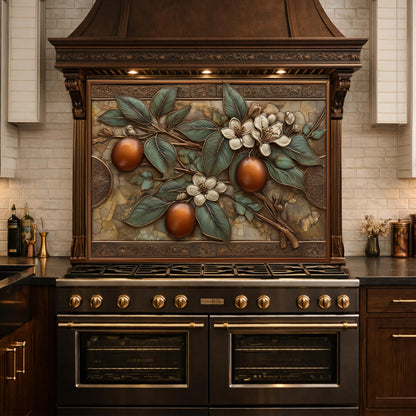 Botanical Lemon Tempered Glass Backsplash, Copper Look Citrus Fruit Wall Panel, Custom Size
