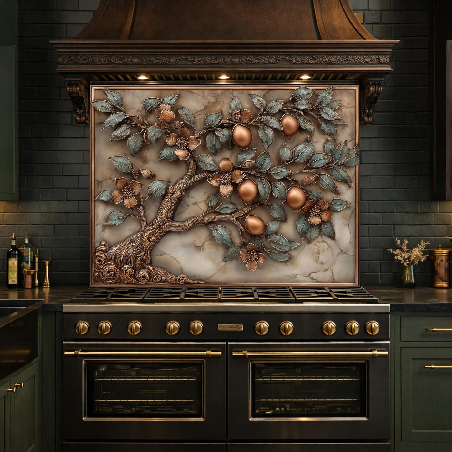 Rustic Lemon Tree Tempered Glass Backsplash, Copper Look Citrus Fruit Wall Panel, Custom Size