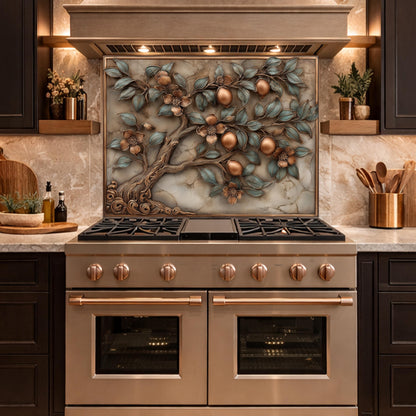 Rustic Lemon Tree Tempered Glass Backsplash, Copper Look Citrus Fruit Wall Panel, Custom Size