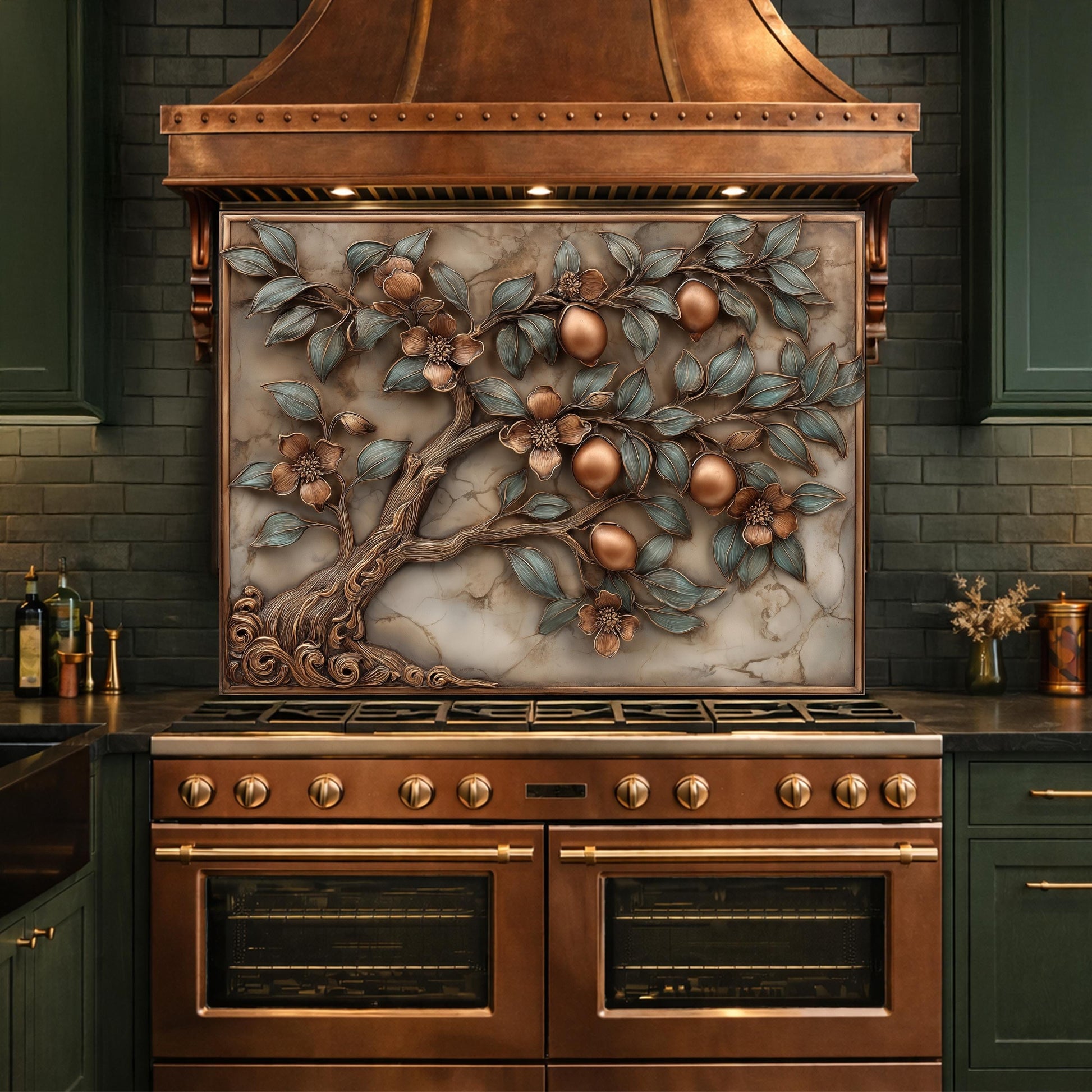 Rustic Lemon Tree Tempered Glass Backsplash, Copper Look Citrus Fruit Wall Panel, Custom Size