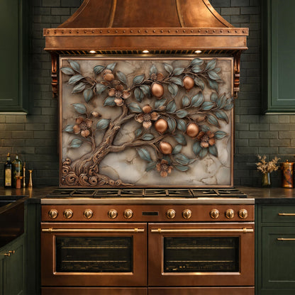 Rustic Lemon Tree Tempered Glass Backsplash, Copper Look Citrus Fruit Wall Panel, Custom Size