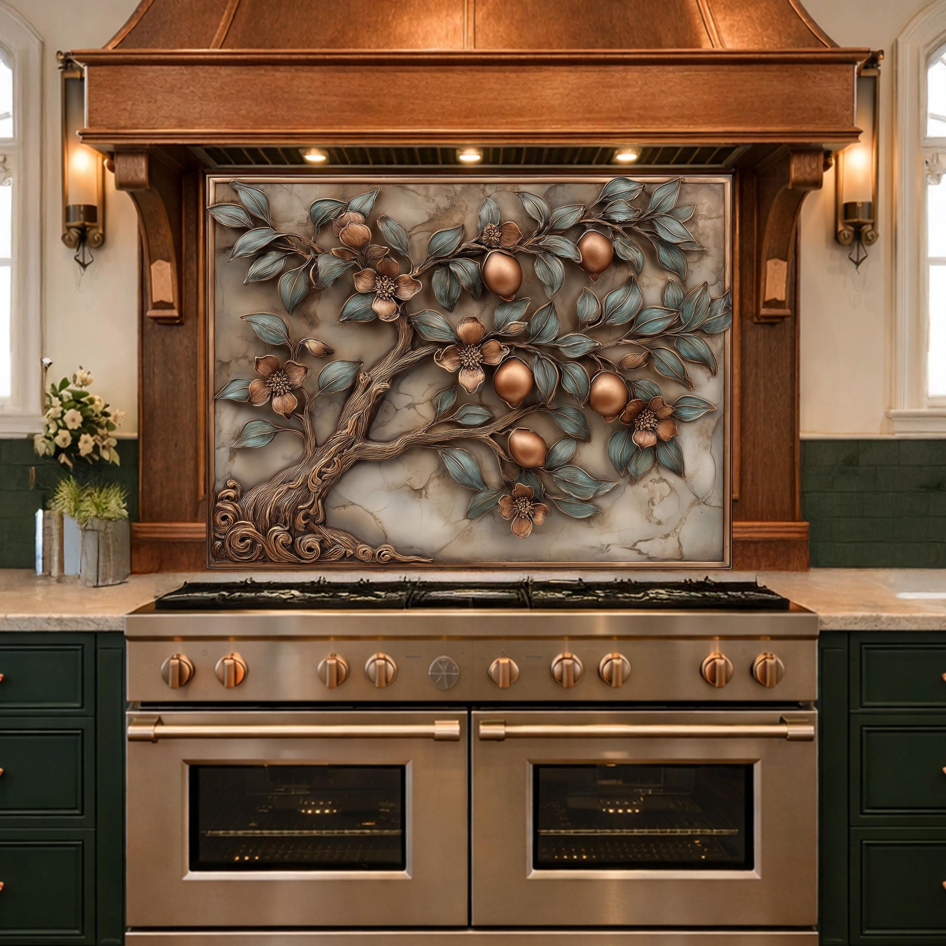 Rustic Lemon Tree Tempered Glass Backsplash, Copper Look Citrus Fruit Wall Panel, Custom Size