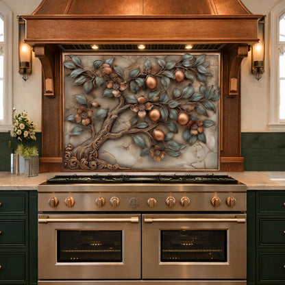 Rustic Lemon Tree Tempered Glass Backsplash, Copper Look Citrus Fruit Wall Panel, Custom Size