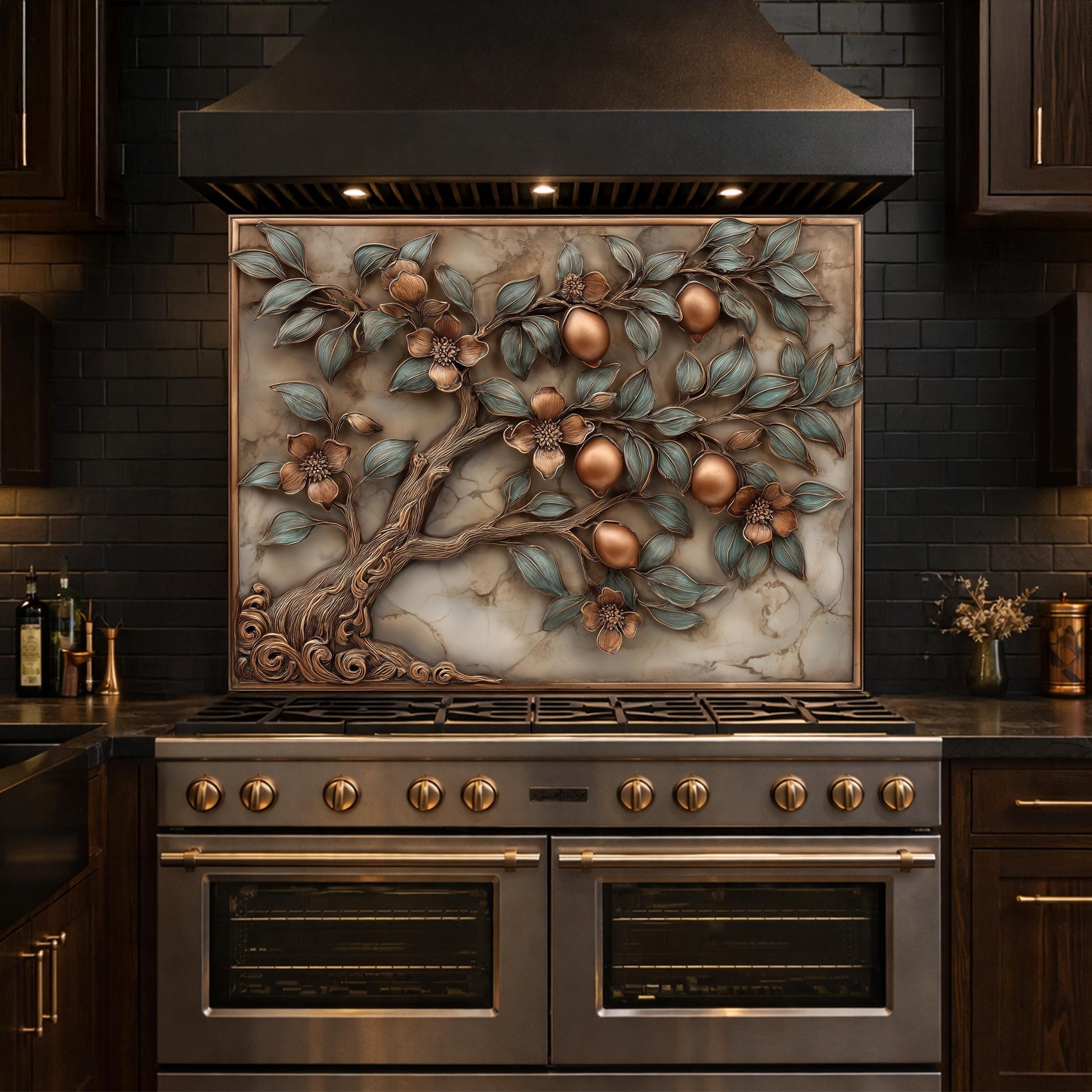 Rustic Lemon Tree Tempered Glass Backsplash, Copper Look Citrus Fruit Wall Panel, Custom Size