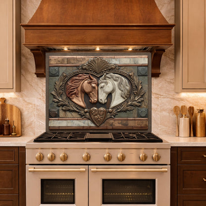 Loving Horses Tempered Glass Backsplash, Copper Look Equine Heart Wall Panel, Custom Size