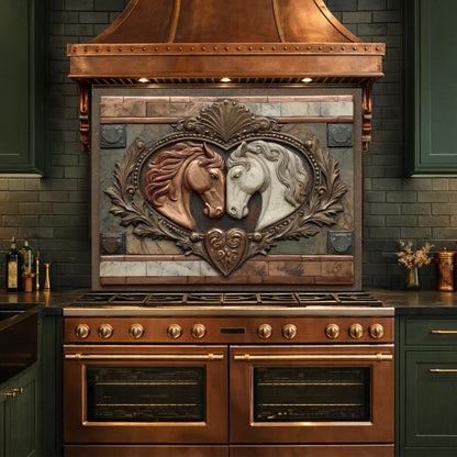 Loving Horses Tempered Glass Backsplash, Copper Look Equine Heart Wall Panel, Custom Size