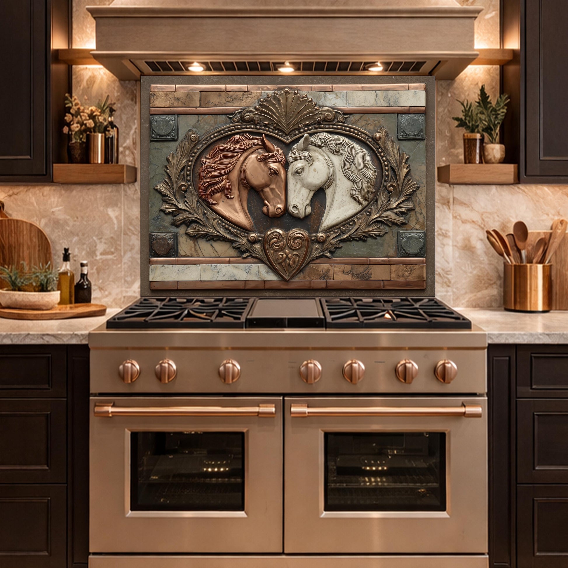 Loving Horses Tempered Glass Backsplash, Copper Look Equine Heart Wall Panel, Custom Size
