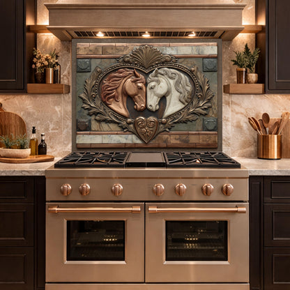 Loving Horses Tempered Glass Backsplash, Copper Look Equine Heart Wall Panel, Custom Size