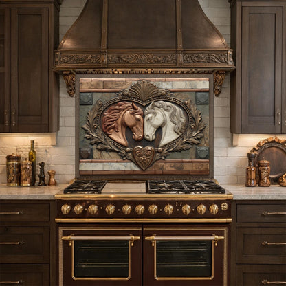 Loving Horses Tempered Glass Backsplash, Copper Look Equine Heart Wall Panel, Custom Size