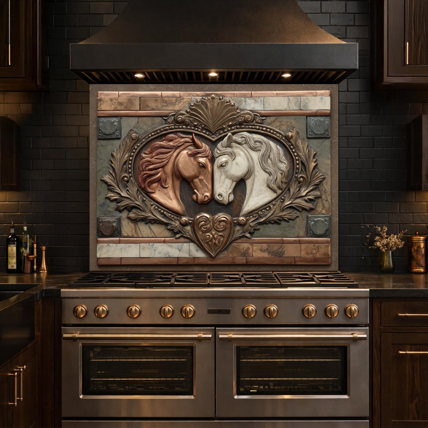 Loving Horses Tempered Glass Backsplash, Copper Look Equine Heart Wall Panel, Custom Size