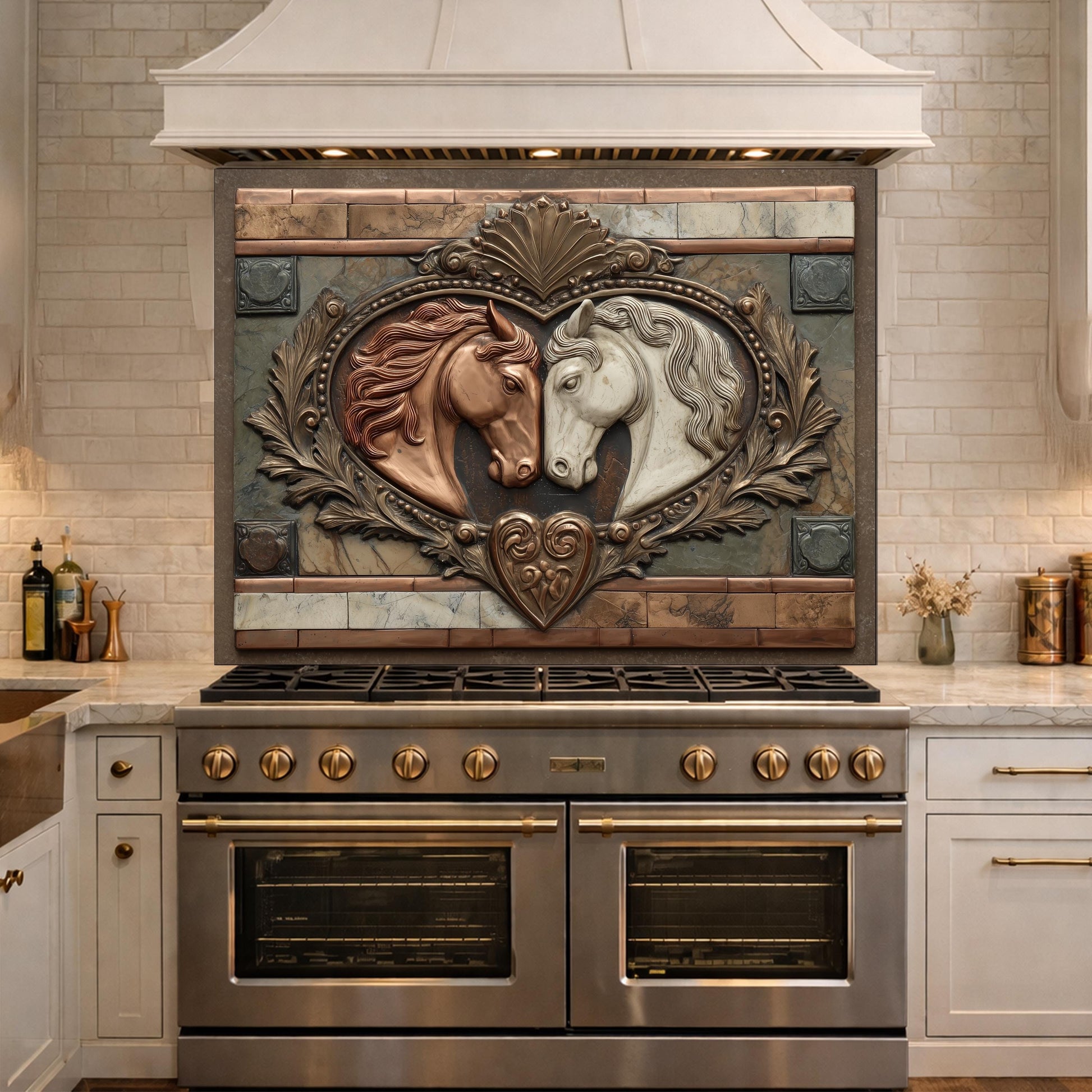 Loving Horses Tempered Glass Backsplash, Copper Look Equine Heart Wall Panel, Custom Size