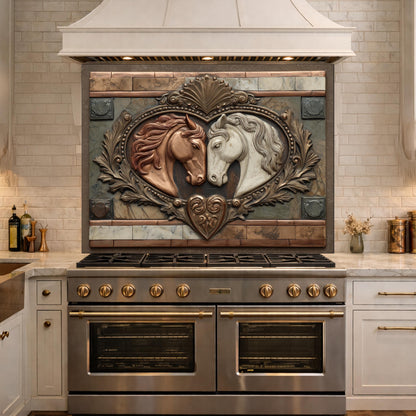 Loving Horses Tempered Glass Backsplash, Copper Look Equine Heart Wall Panel, Custom Size