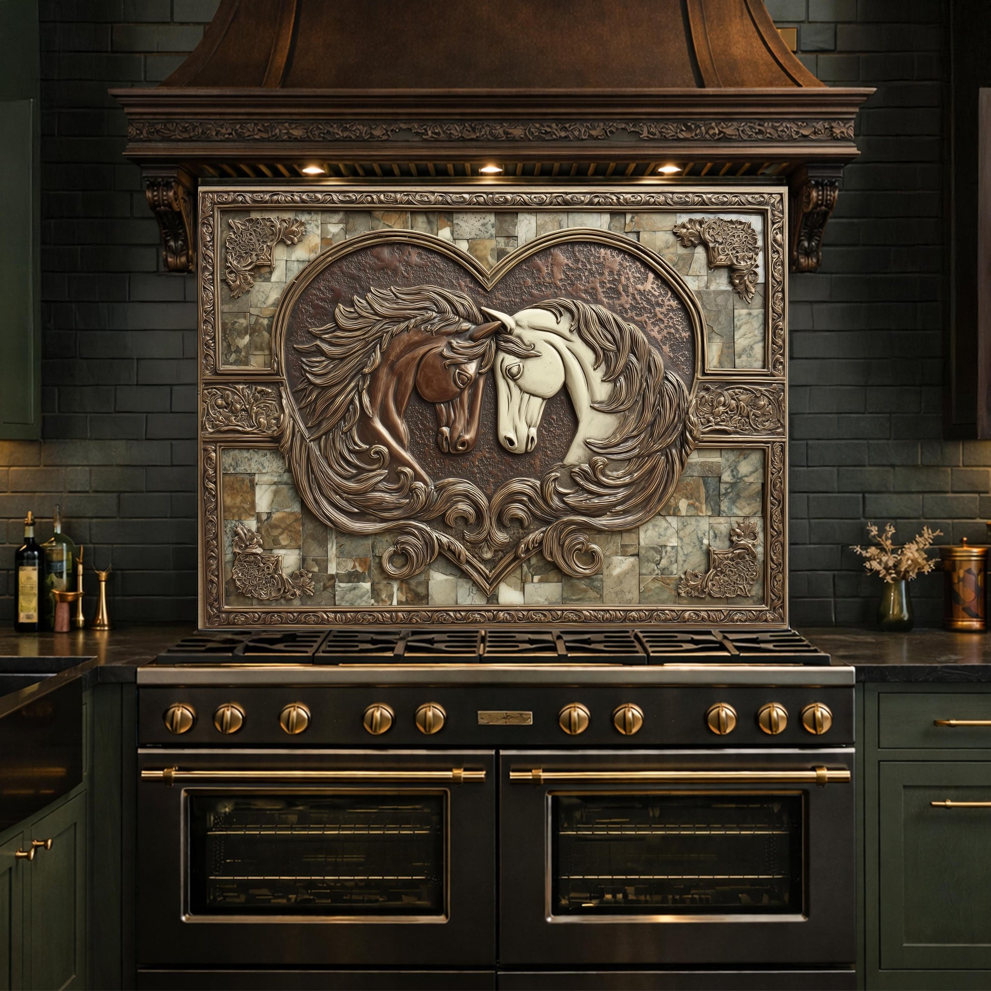 Loving Horses Tempered Glass Backsplash, Copper Look Heart Horse Wall Panel, Custom Size