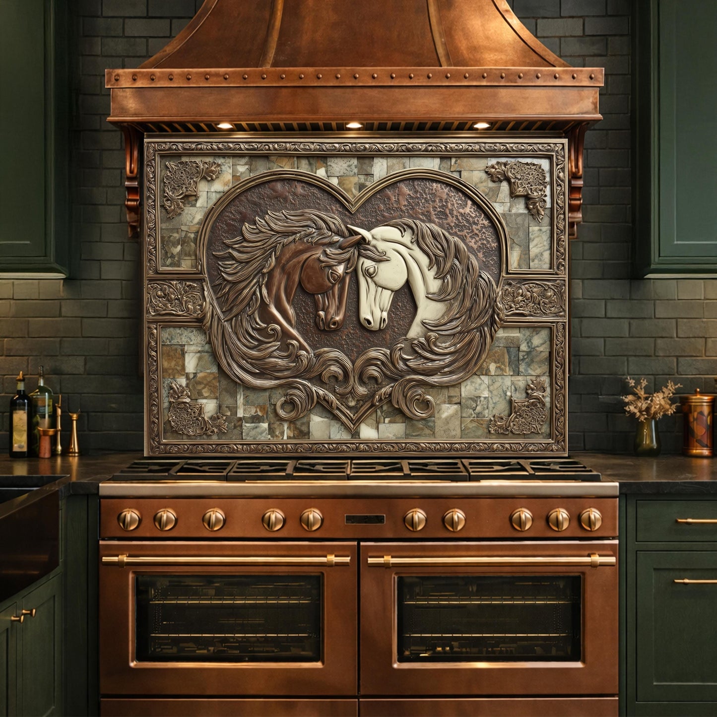 Loving Horses Tempered Glass Backsplash, Copper Look Heart Horse Wall Panel, Custom Size
