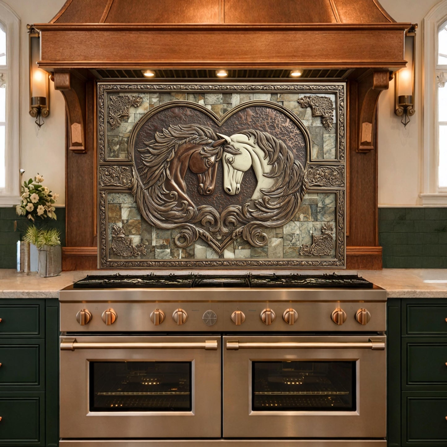 Loving Horses Tempered Glass Backsplash, Copper Look Heart Horse Wall Panel, Custom Size