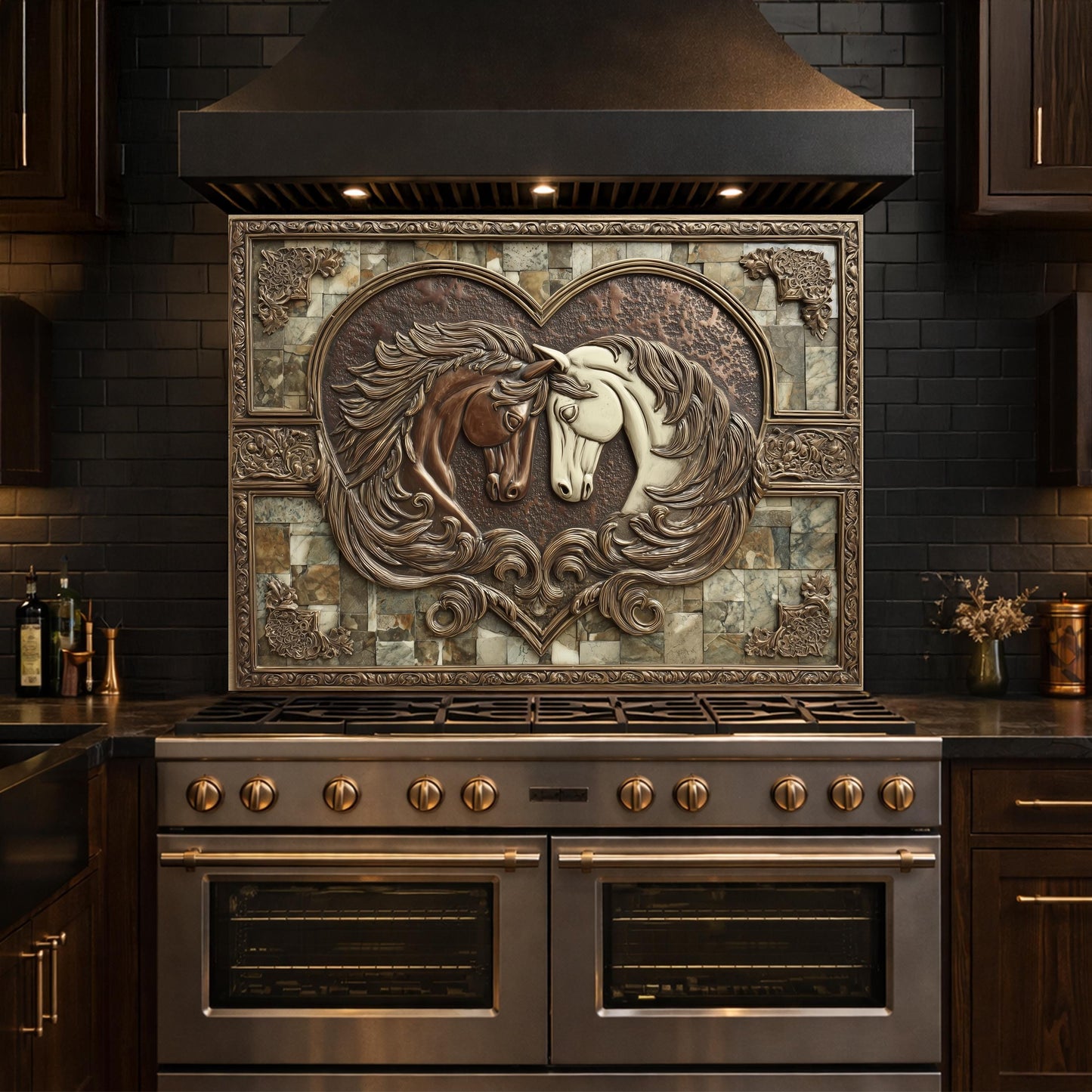 Loving Horses Tempered Glass Backsplash, Copper Look Heart Horse Wall Panel, Custom Size
