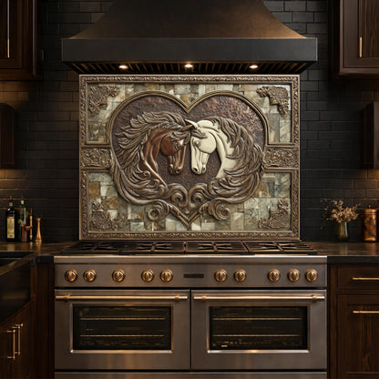 Loving Horses Tempered Glass Backsplash, Copper Look Heart Horse Wall Panel, Custom Size