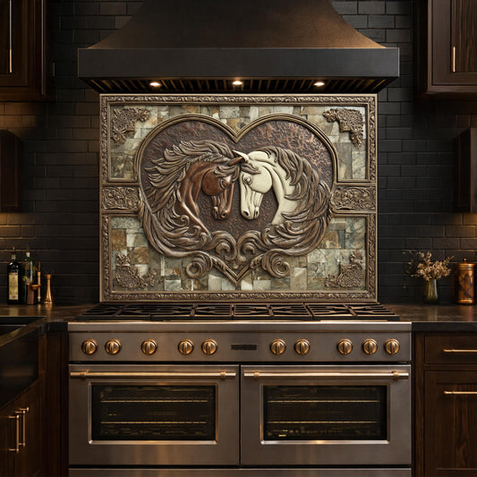 Loving Horses Tempered Glass Backsplash, Copper Look Heart Horse Wall Panel, Custom Size