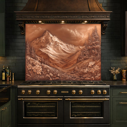 Majestic Mountain Peaks Backsplash, Copper Look Alpine Landscape Wall Panel, Custom Size
