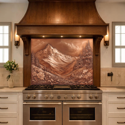 Majestic Mountain Peaks Backsplash, Copper Look Alpine Landscape Wall Panel, Custom Size