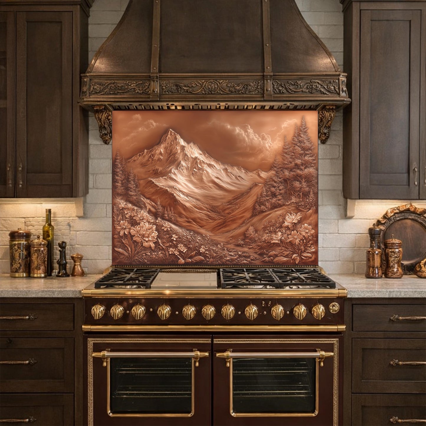 Majestic Mountain Peaks Backsplash, Copper Look Alpine Landscape Wall Panel, Custom Size