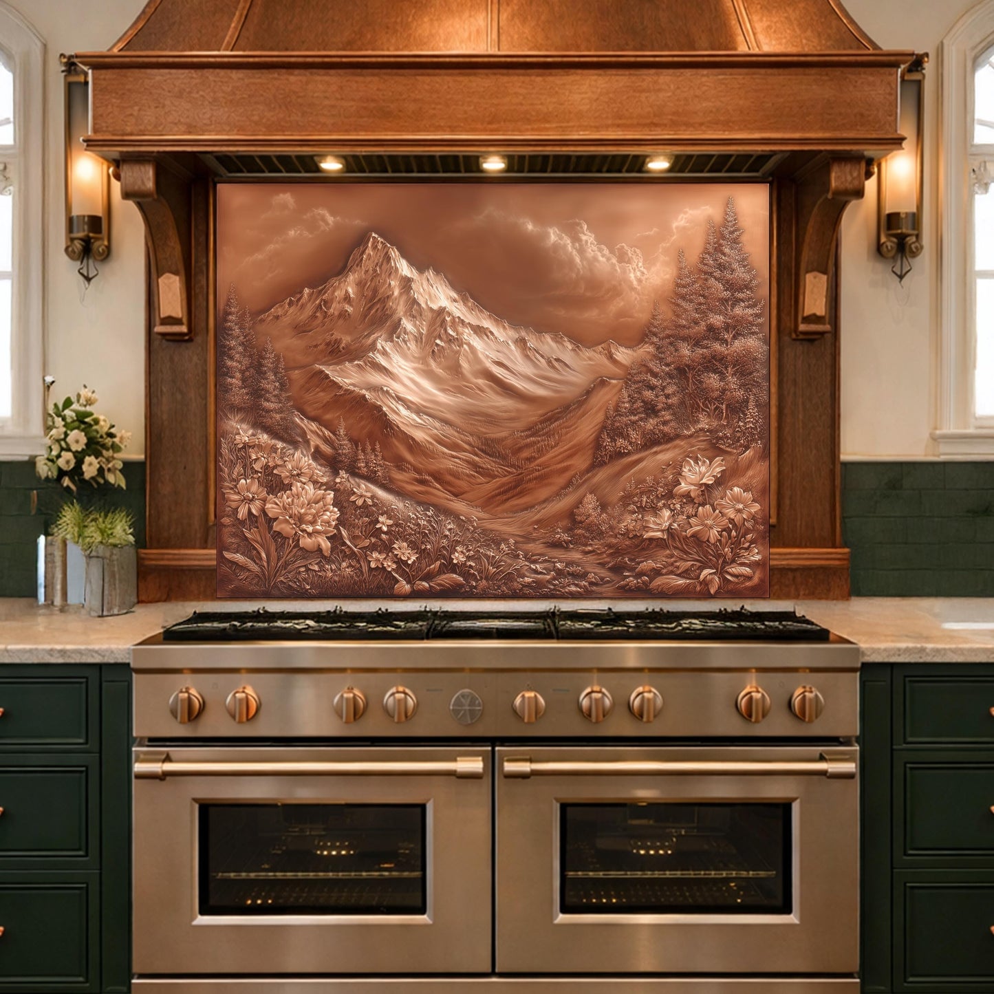 Majestic Mountain Peaks Backsplash, Copper Look Alpine Landscape Wall Panel, Custom Size