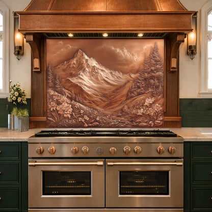 Majestic Mountain Peaks Backsplash, Copper Look Alpine Landscape Wall Panel, Custom Size