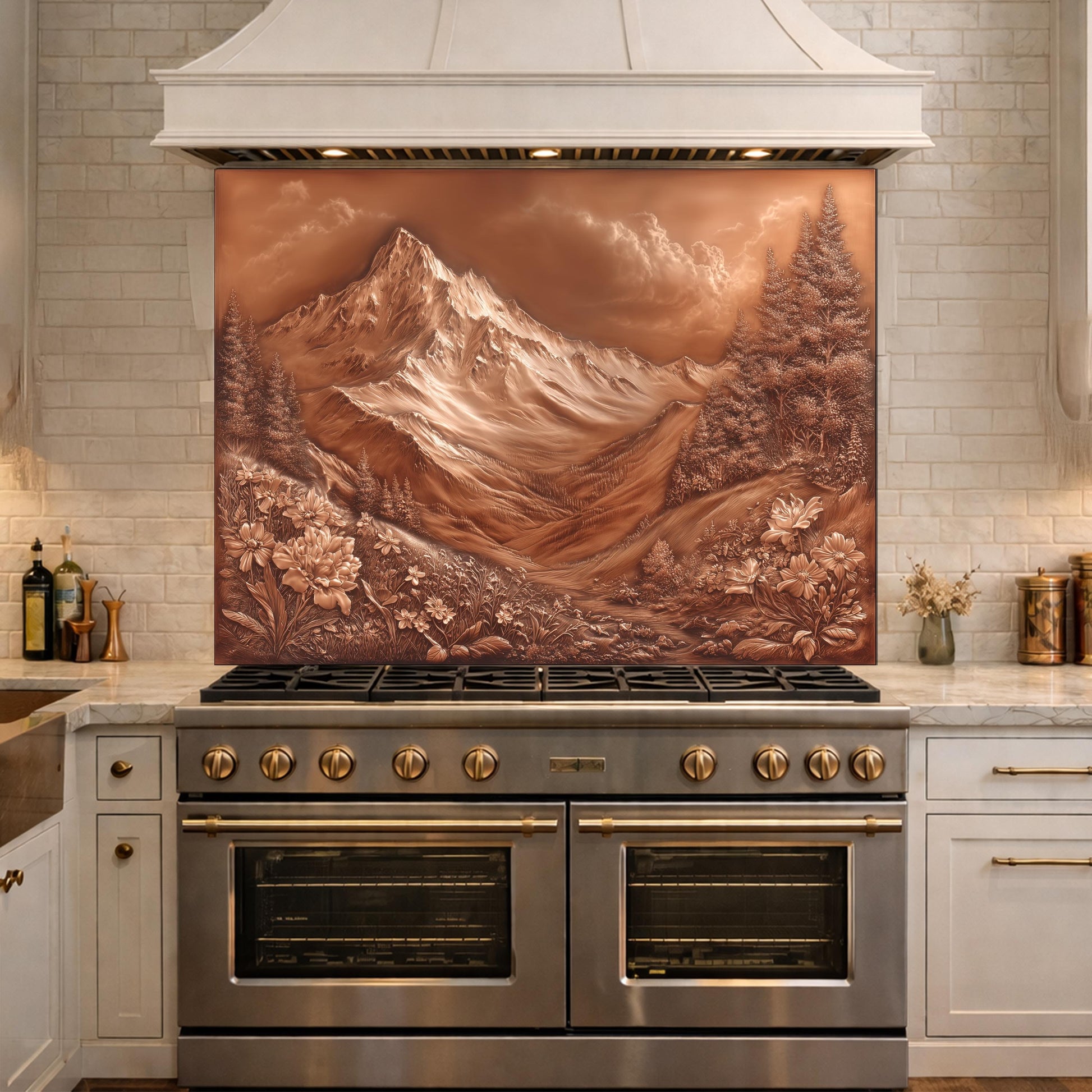 Majestic Mountain Peaks Backsplash, Copper Look Alpine Landscape Wall Panel, Custom Size