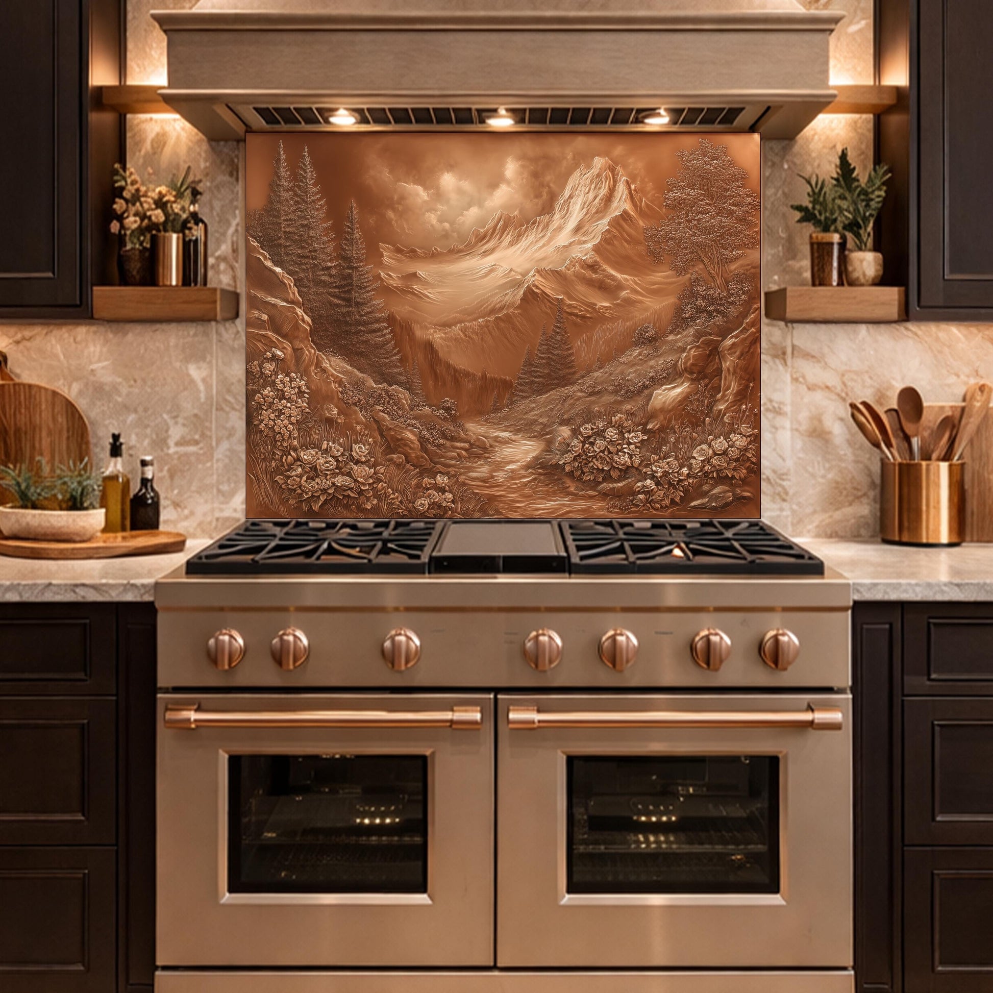 Alpine Peak Tempered Glass Backsplash, Copper Look Mountain and Valley Wall Panel, Custom Size