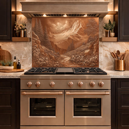 Alpine Peak Tempered Glass Backsplash, Copper Look Mountain and Valley Wall Panel, Custom Size