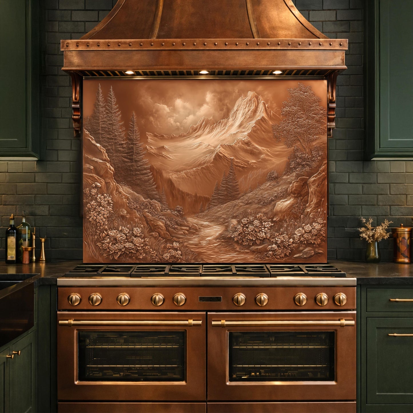 Alpine Peak Tempered Glass Backsplash, Copper Look Mountain and Valley Wall Panel, Custom Size