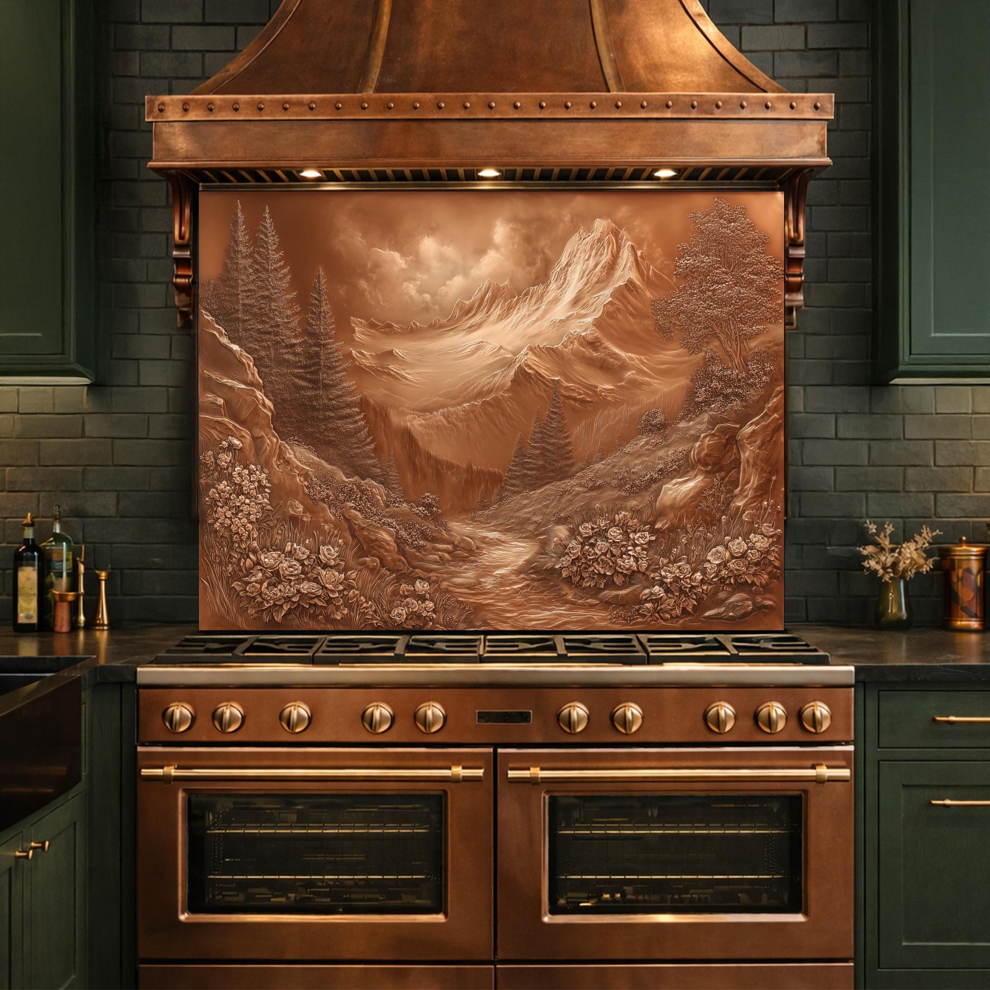 Alpine Peak Tempered Glass Backsplash, Copper Look Mountain and Valley Wall Panel, Custom Size
