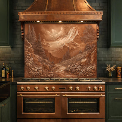 Alpine Peak Tempered Glass Backsplash, Copper Look Mountain and Valley Wall Panel, Custom Size