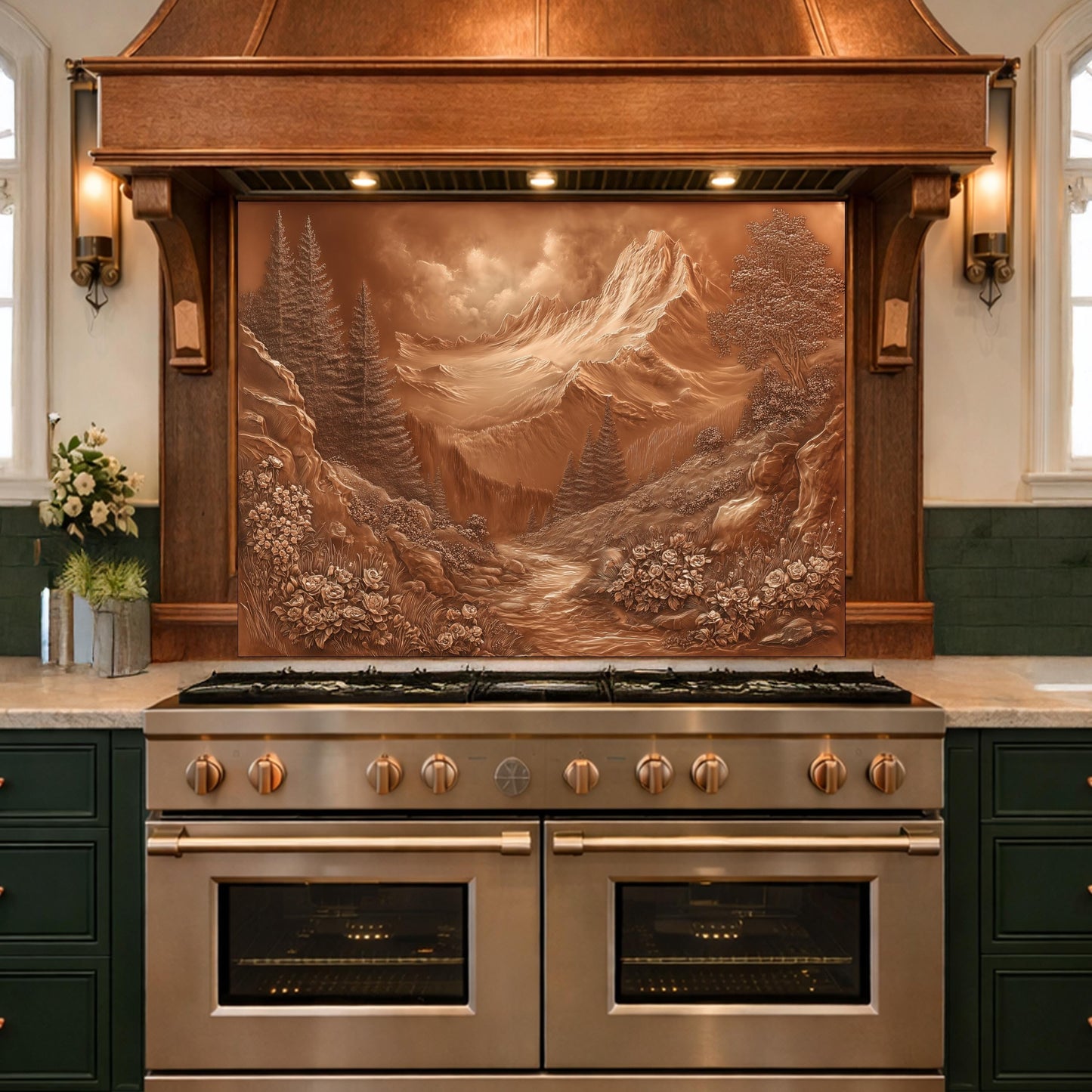 Alpine Peak Tempered Glass Backsplash, Copper Look Mountain and Valley Wall Panel, Custom Size